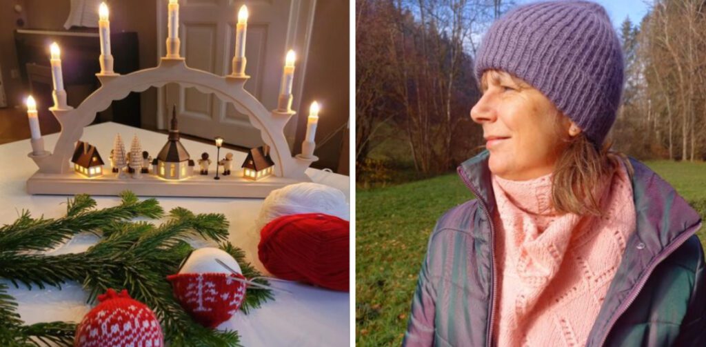 Das Bild ist zweigeteilt und zeigt links einen Schwippbogen. Im Vordergrund liegen gestrickte Weihnachtskugeln. Im rechten Bild ist eine Frau mit lila Mütze und rosa Tuch zu sehen.