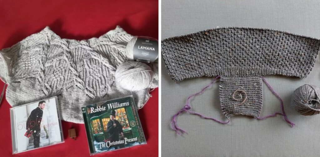 Das Bild ist zweigeteilt. Links liegt ein Pullover, der bis zum Rumpf fertig gestrickt ist. Darauf liegen zwei Weihnachts-CDs. Im rechten Bild liegt der Anfang des Strickcardigans Great Love.